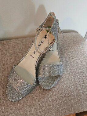Ann Klein silver 2 1/2 " block heel, 9 1/2, ankle strap, gently worn.
